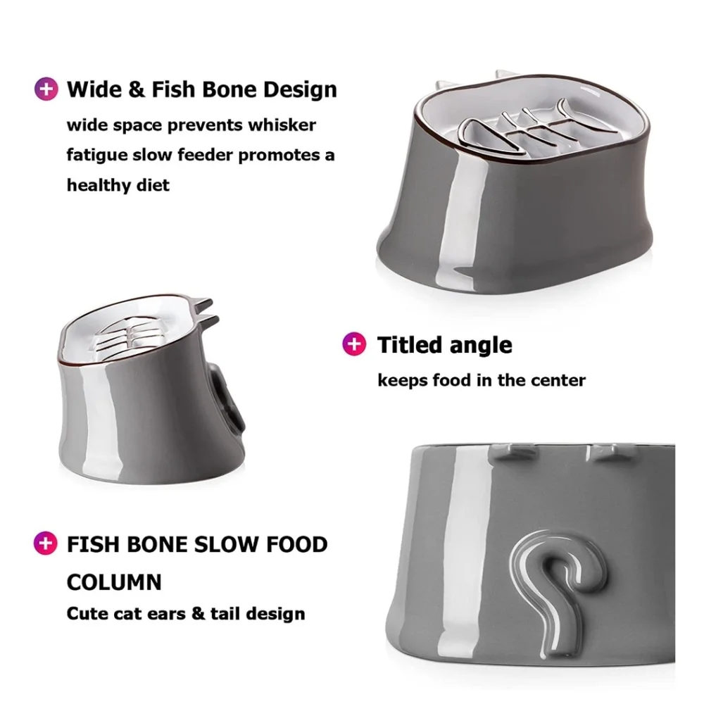 Y YHY Ceramic Fish Bone Slow Feeder Elevated Tilted Neck Protection Dry/Wet Food